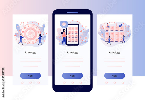 Astrology science concept. Astrological forecast. Zodiac, celestial coordinate system, stars and constellations. Natal chart. Screen template for mobile smart phone. Modern flat cartoon style. Vector 