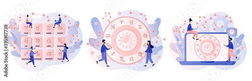 Astrology science concept. Astrological forecast. Zodiac, celestial coordinate system, stars and constellations. Tiny people astrologers reading natal chart. Modern flat cartoon style. Vector