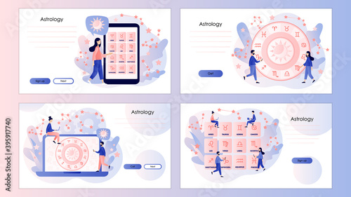 Astrology science concept. Astrological forecast. Zodiac, celestial coordinate system. Screen template for mobile smart phone, landing page, template,ui, web, mobile app, poster, banner, flyer. Vector