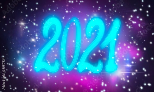 Banner poster 2021 scritta neon luce azzurra sfondo spazio cosmico con stelle luminose
