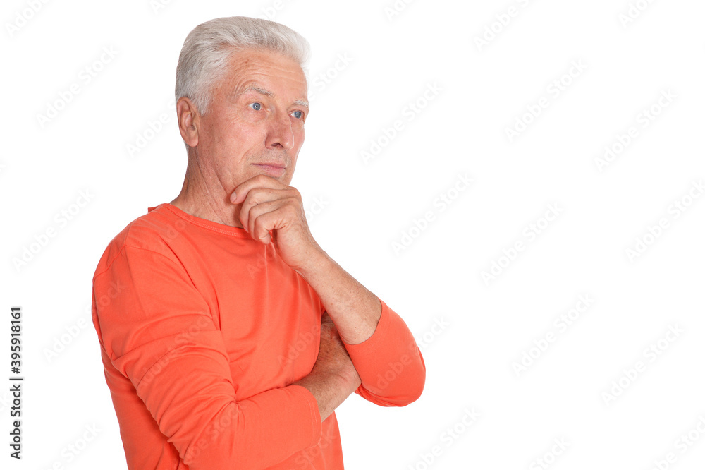 Thoughtful senior man posing isolated on white background Thoughtful senior man posing isolated on white background