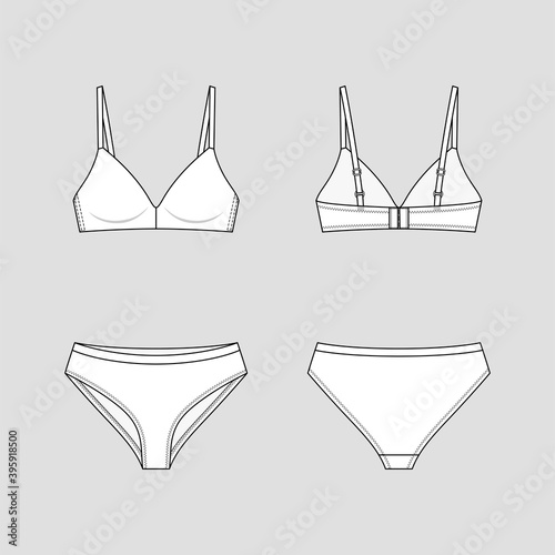 Hipster briefs and basic bra. Lingerie set. Vector technical sketch. Mockup template.