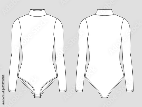 Long sleeve body. Lingerie women's body with high neck. Vector technical sketch. Mockup template.