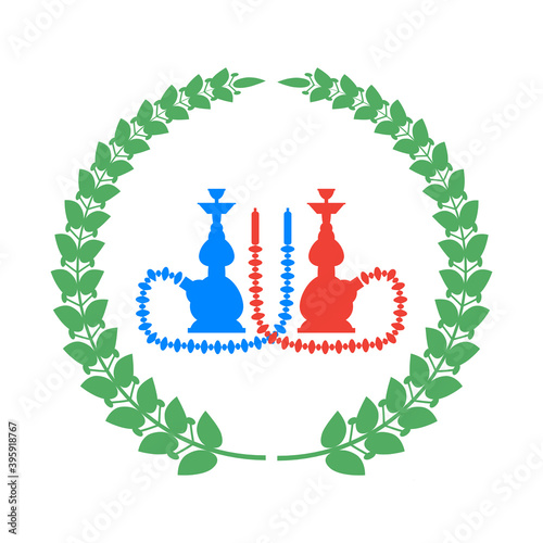 Arabic Hookah Silhouette and Laurel Isolated on White Background.