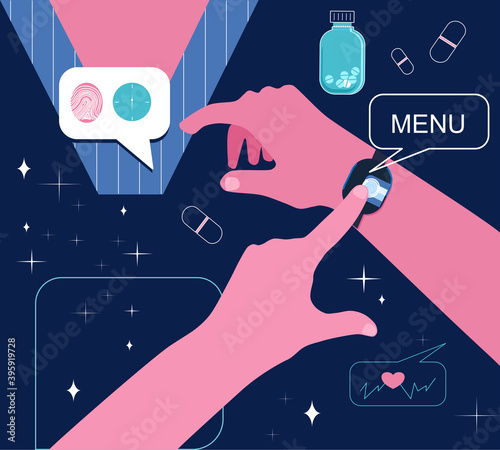Sleeping or fitness tracker,pills and other items on space background.Vector infographic illustration with icons for slumbery.Melatonin or vitamin D capsules.Hands Touch Smart Watch.Healthy dreaming