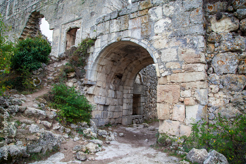 Russia.  Bakhchisaray  Crimea. Residential caves inside ancient city Chufut Kale These artificial  buildings  used by ancients for living  food storage  animal sheds