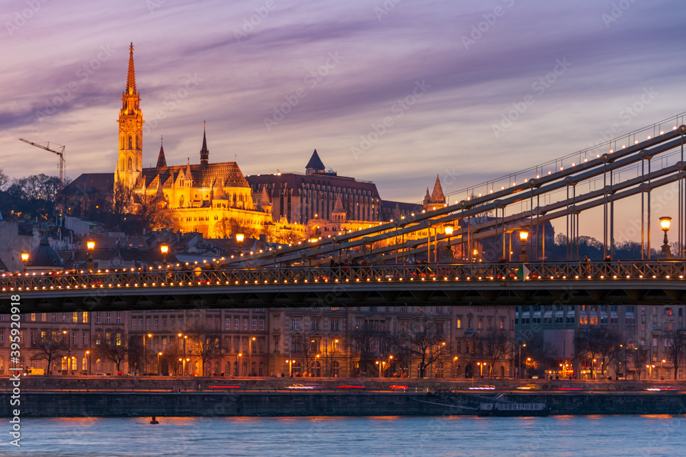 Naklejka premium Budapest Hungary and the Dabune River in blue hour