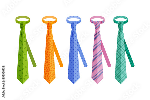 Set of multicolored ties with different texture. Vector isolated illustration in flat style.