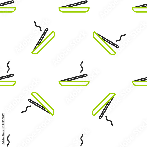 Line Scented spa stick on a wooden stand icon isolated seamless pattern on white background. Incense stick. Cosmetic procedure aromatherapy. Vector Illustration.