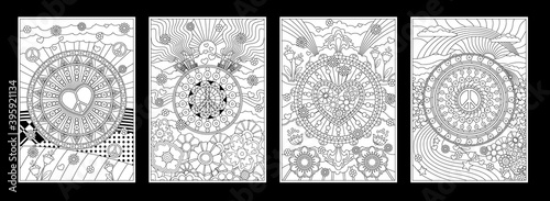Coloring Book Psychedelic Backgrounds, Peace Symbols, Love and Hippie Art Style Mosaic Illustrations 