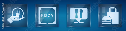 Set Online ordering and delivery, Pizza in cardboard box, Cafe and restaurant location and Online ordering burger delivery. Square glass panels. Vector.