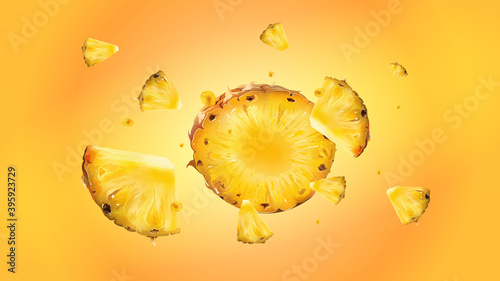 Slices of pineapple with droplets of juice in flight.