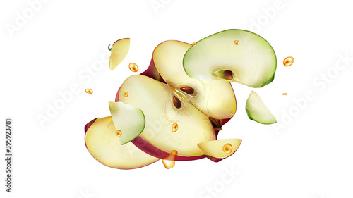 Flying red and green apple slices with drops of juice.