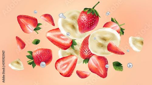 Flying slices of banana and strawberries and water droplets.