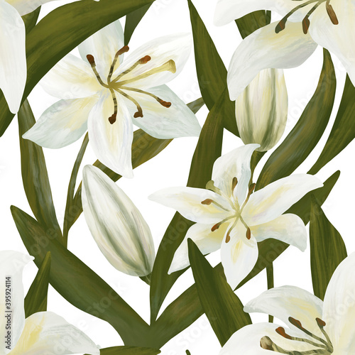 Seamless pattern. White lilies and green leaves on a white background.