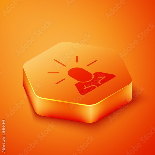 Isometric Depression and frustration icon isolated on orange background. Man in depressive state of mind. Mental health problems. Orange hexagon button. Vector.
