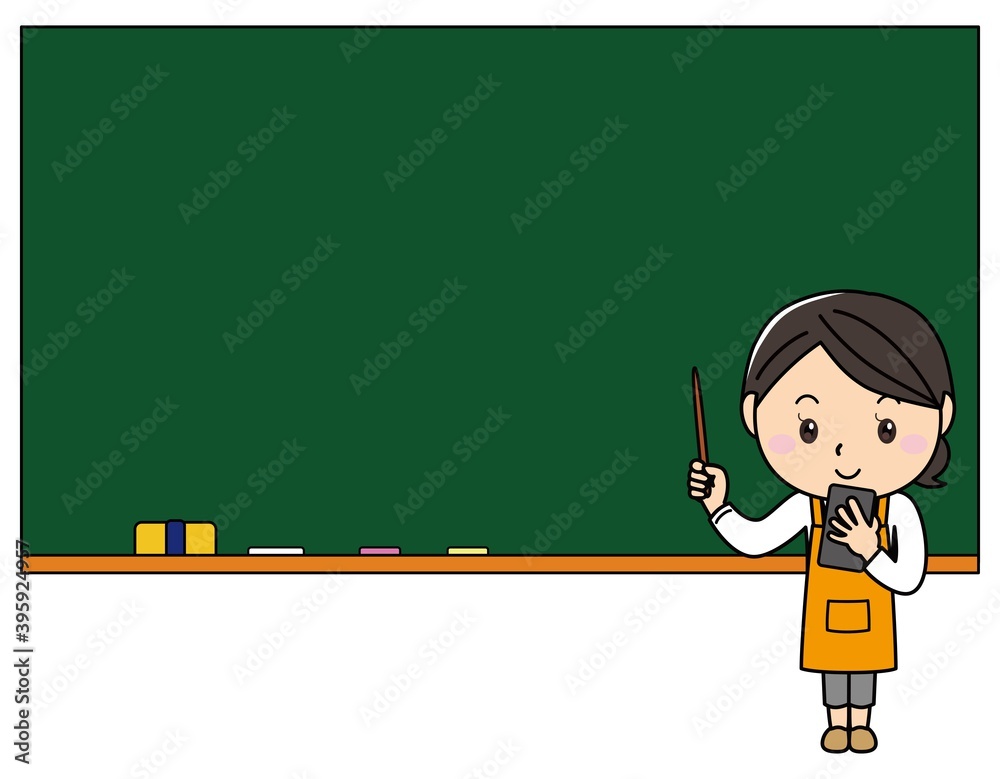 女の子01 22 指し棒を持って黒板の前に立つエプロン姿でスマホを持つ女性 Stock Vector Adobe Stock