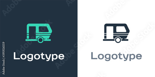 Logotype Rv Camping trailer icon isolated on white background. Travel mobile home, caravan, home camper for travel. Logo design template element. Vector.