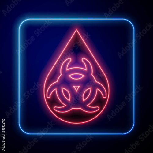 Glowing neon GMO icon isolated on blue background. Genetically modified organism acronym. Dna food modification. Vector.