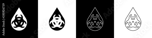 Set GMO icon isolated on black and white background. Genetically modified organism acronym. Dna food modification. Vector.
