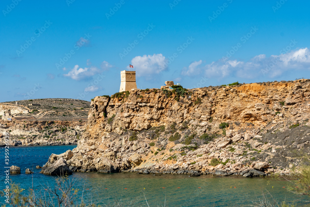 Ghajn Tuffieha Tower overlooking the sea at Mgarr, Malta.