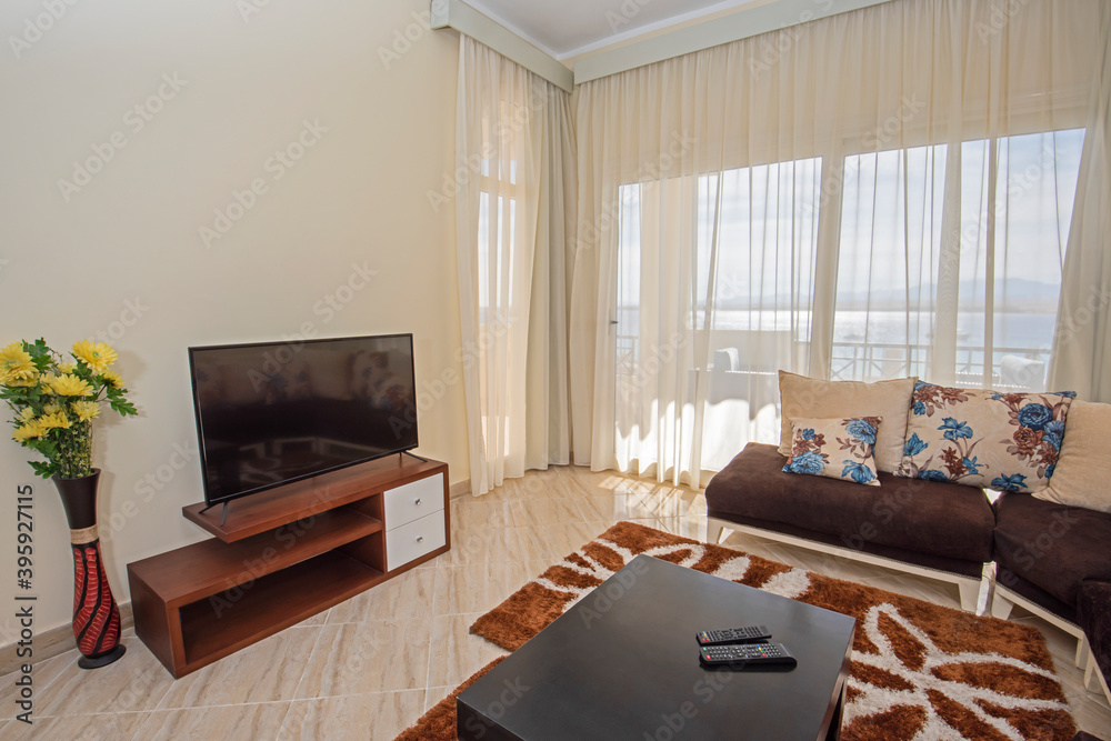 Fototapeta premium Interior design of luxury apartment living room with balcony