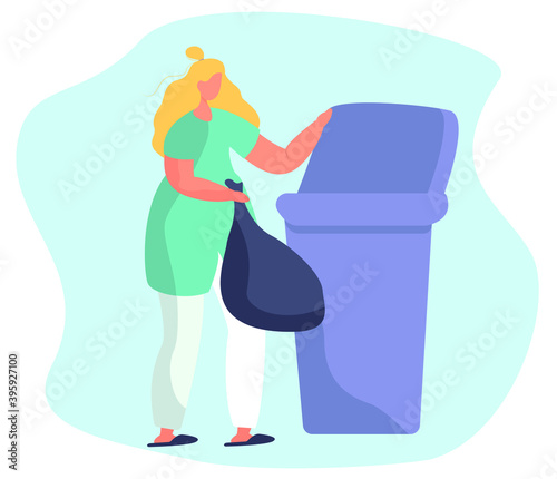 Housewife Throwing Trash Waste Into Containers and Recycling Plastic,Paper or other Rubbish Garbage.People Clean,Protect Ecology.Sorting Waste into Different Tanks.Throw Garbage.Vector Illustration