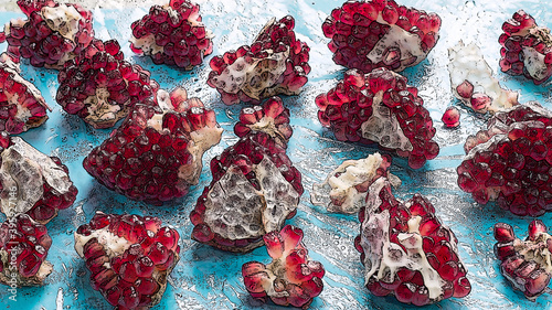 pieces of broken pomegranate scattered on the wet blue polyethylene surface