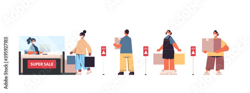 mix race people in protective masks standing in line queue to cash desk black friday sale promotion event coronavirus quarantine concept full length horizontal vector illustration