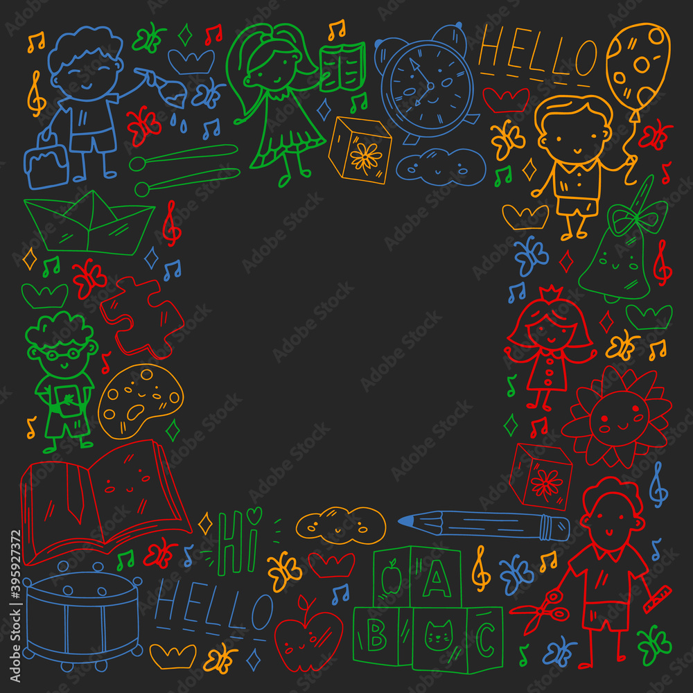 Vector pattern. School and online education. Little boys and girls play and grow together. Vector pattern. School and online education. Little boys and girls play and grow together.