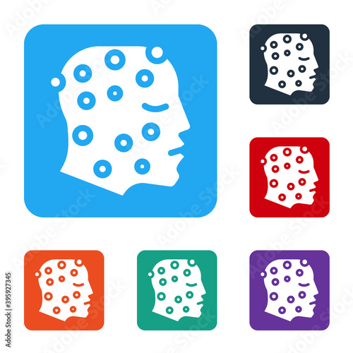 White Face with psoriasis or eczema rash icon isolated on white background. Concept of human skin response to allergen or chronic body problem. Set icons in color square buttons. Vector.