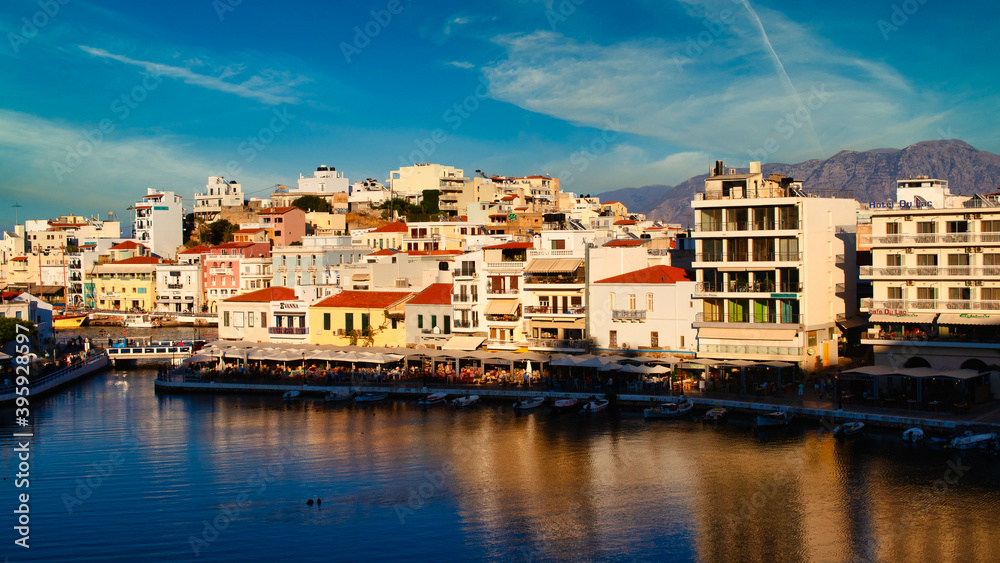 View of the bay of Agios Nikolaos (Crete island) with the famous port and buildings