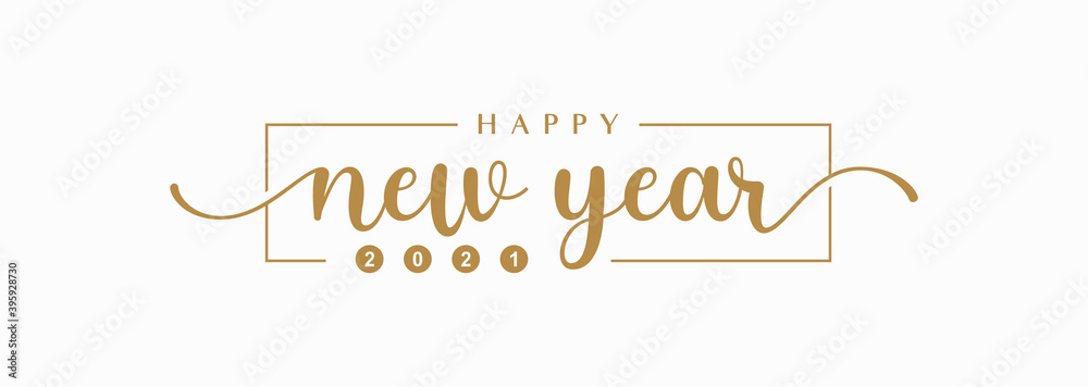 Fototapeta Happy New Year 2021 Lettering Calligraphy with Gold Text Color, isolated on White Background. Vector Graphic Illustration for Greeting Cards, Web, Presentation.