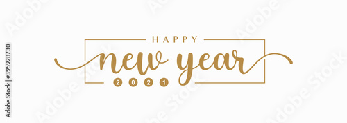 Happy New Year 2021 Lettering Calligraphy with Gold Text Color, isolated on White Background. Vector Graphic Illustration for Greeting Cards, Web, Presentation.