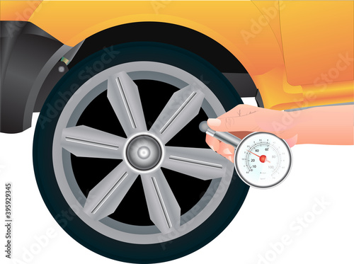 Vector Illustration of Tire Pressure Checking with Pressure Gauge
