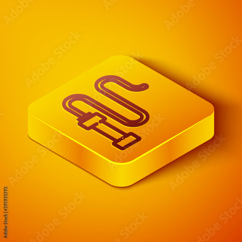Isometric line Braided leather whip icon isolated on orange background. Yellow square button. Vector.