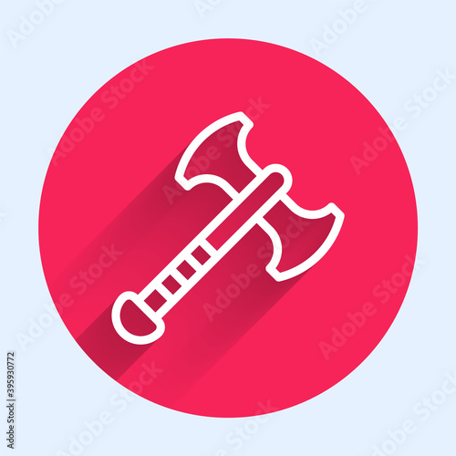 White line War axe icon isolated with long shadow. Battle axe, executioner axe. Medieval weapon. Red circle button. Vector.