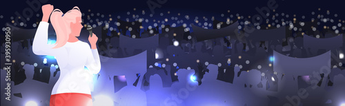 woman with microphone speaking to audience from stage women's club girls supporting each other union of feminists concept horizontal portrait vector illustration