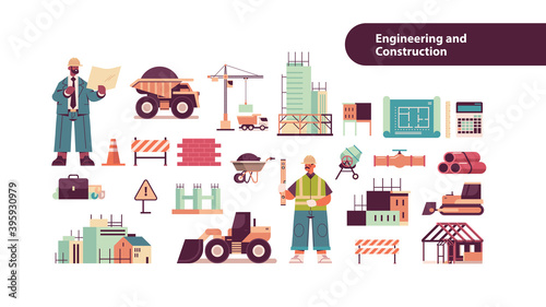 set engineering tools icons with mix race architect and engineer in helmets working on construction site full length isolated horizontal copy space vector illustration
