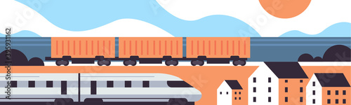 high speed and freight trains railway product goods shipping express delivery service concept horizontal vector illustration