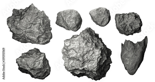 Fototapeta Naklejka Na Ścianę i Meble -  Set of asteroids. Space objects. Stone meteorites. Isolated on a white background. 3d illustration.