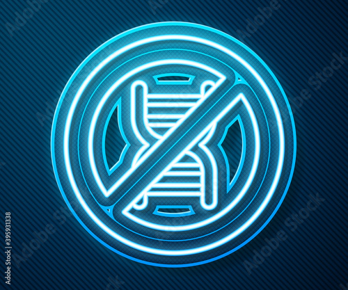 Glowing neon line Stop GMO icon isolated on blue background. Genetically modified organism acronym. Dna food modification. Vector.