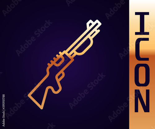 Gold line Hunting gun icon isolated on black background. Hunting shotgun. Vector.