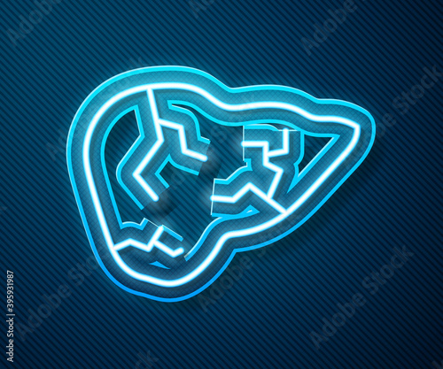 Glowing neon line Hepatitis virus on the human liver icon isolated on blue background. World Hepatitis Day. Vector.