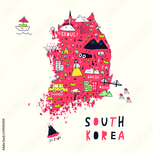 map of South Korea in cartoon hand drawn modern style vector illustration. Illustrated map of South Korea in handdrawn cute doodle style. Cartography concept. Tourism guide concept. Travel concept.
