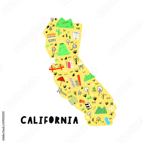 map of California. cartoon map of California in colorful modern style vector illustration. Illustrated map of California in handdrawn doodle style. Cartography concept. Travel concept. 