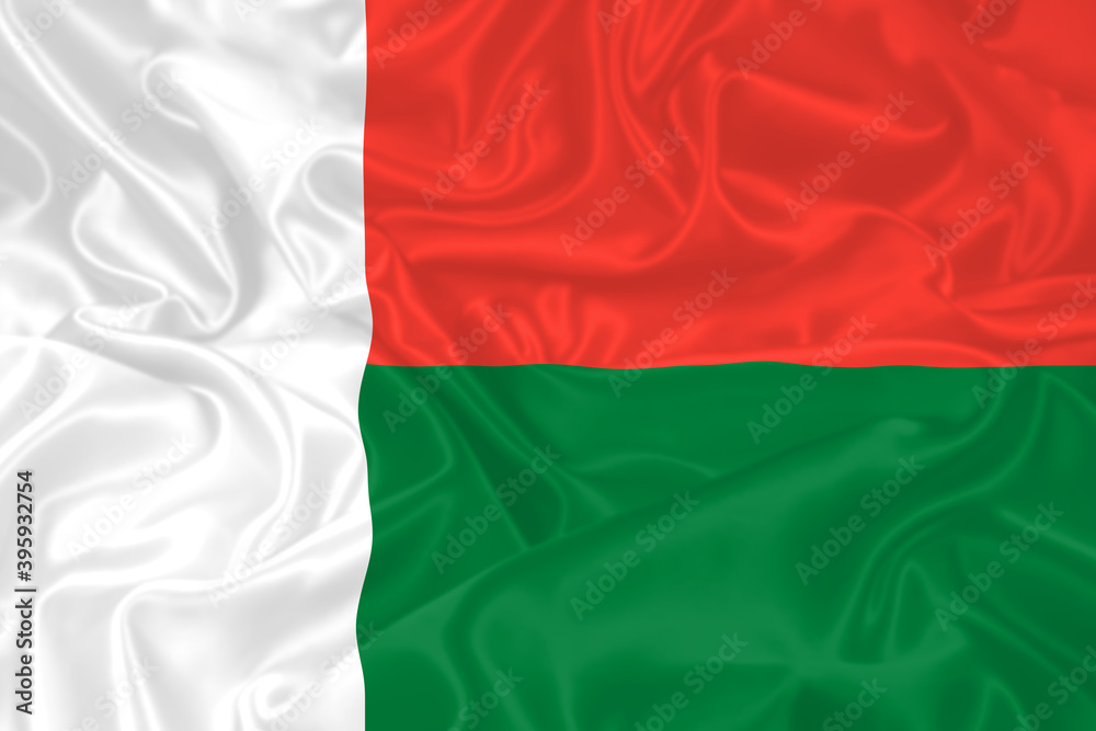 Madagascar Flag waving. National flag of Madagascar with waves and wind. Official colors and proportion. Malagasy Flag