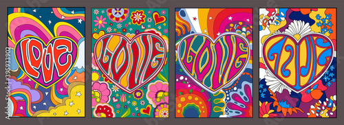 Obraz na plátně Love in Hearts, Psychedelic Posters, Hippie Art Style Illustrations, Colorful Ba
