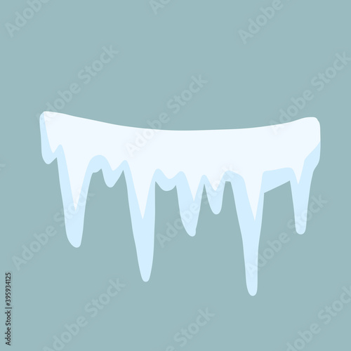 Icicle. Ice and white snow. Cold season. Flat cartoon illustration. Winter decoration for Christmas background