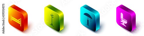 Set Isometric Bed, Coat stand, Table lamp and Toilet bowl icon. Vector.